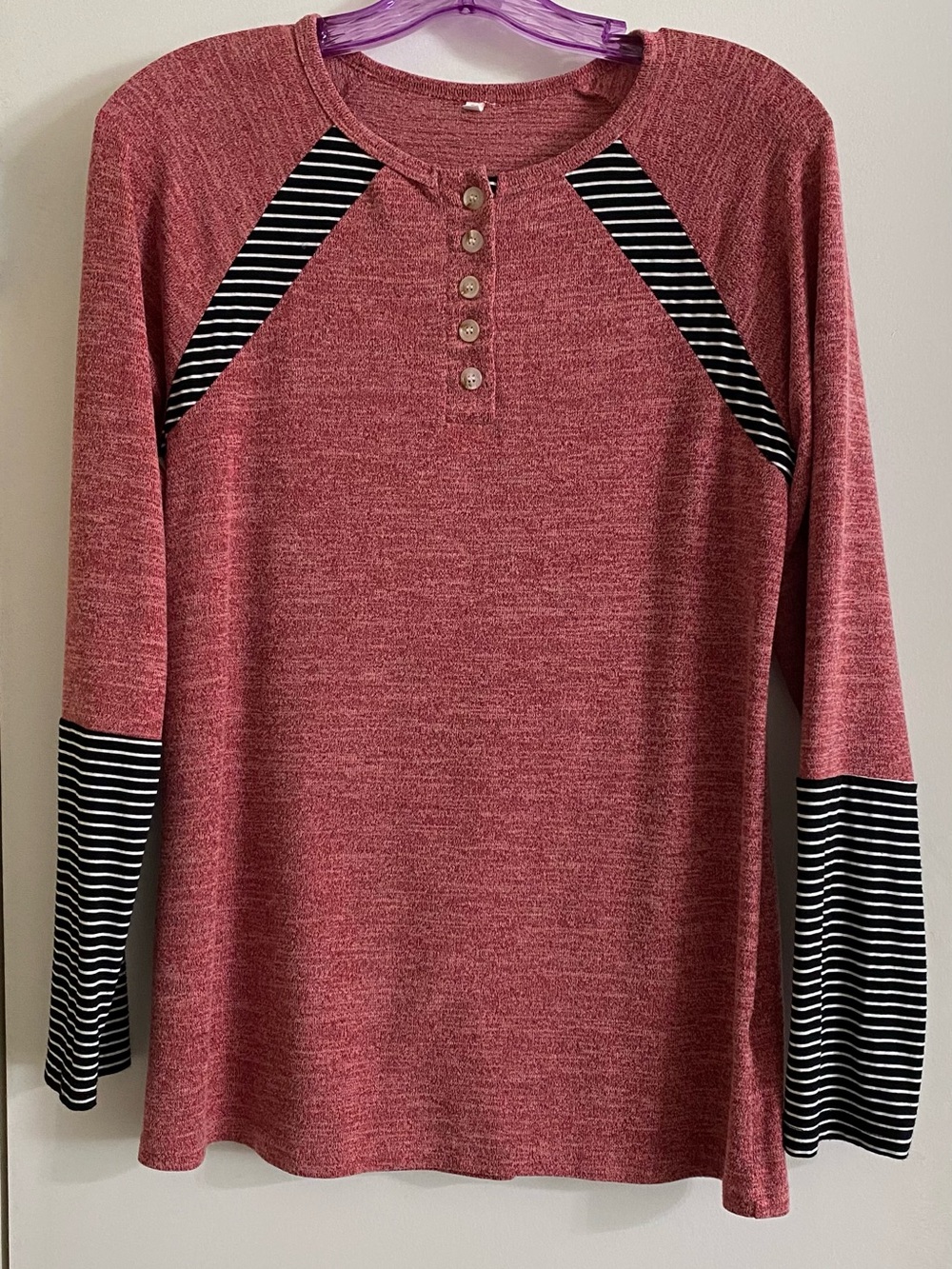 Striped Sleeve Henley Pullover - Dusty Rose & Black